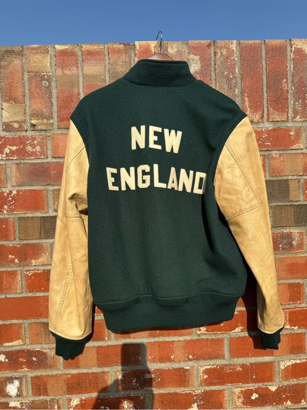 Polo by Ralph Lauren Green Wool Varsity Jacket with Tan Leather Sleeves